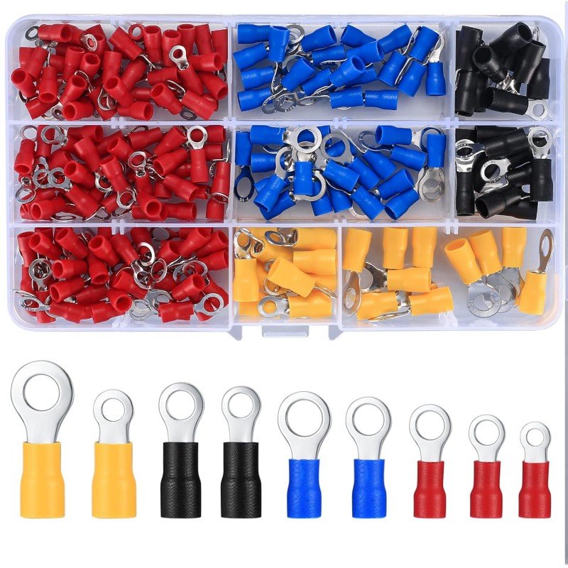 electrical terminals, ring end red, yellow, blue assorted box (200)