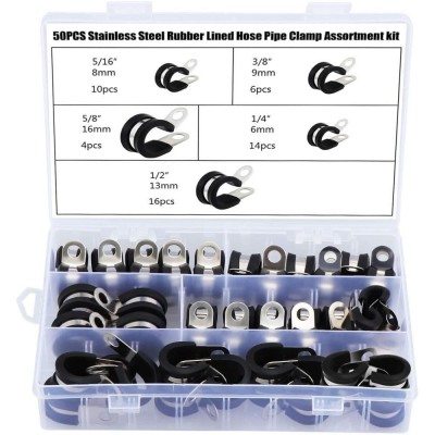 Clips P Rubber Lined Stainless Steel (6mm - 16mm) Assorted Box (50)