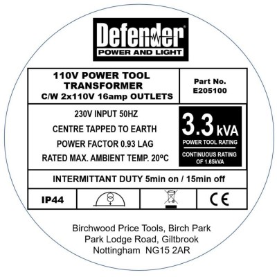 Defender Power POD 3.3kva Data Label