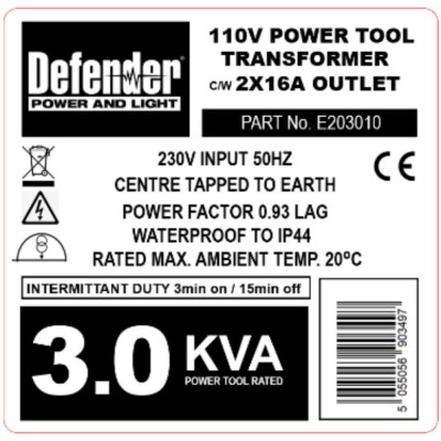 Defender Transformer Label  3.0kva Intermittent x 5
