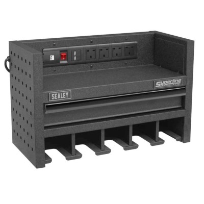 Power Tool Storage Rack with Drawer Sealey, 230V and USB Power Strip