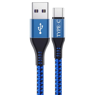 USB C Cable Fast Charge Blue Nylon Braided Lead 3 metres